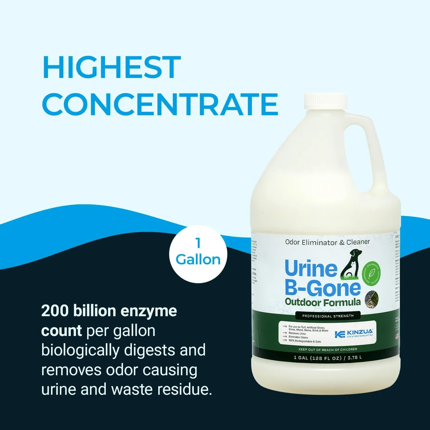 KINZUA ENVIRONMENTAL Urine B-Gone-OD Professional Pet Urine Enzyme Cleaner, Pet Yard Odor Eliminator for Artificial Grass, Concrete & More, 1 Gallon