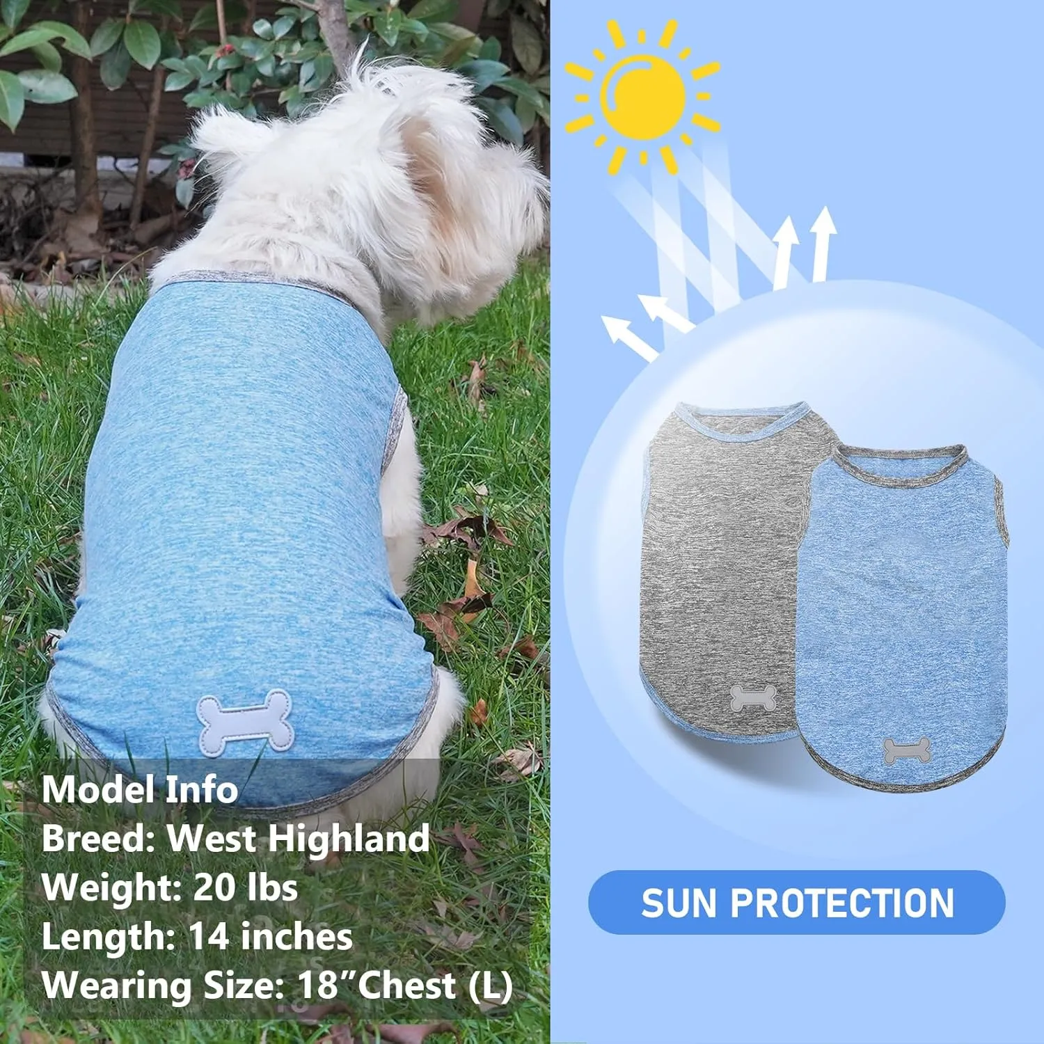 KYEESE 2 Pack Dog Shirts Quick Dry Soft Stretchy Pet T-Shirts with Reflective Label Tank Top Sleeveless Vest Sun Protection Dog Clothes for Small Dogs, Small, Light Blue Grey