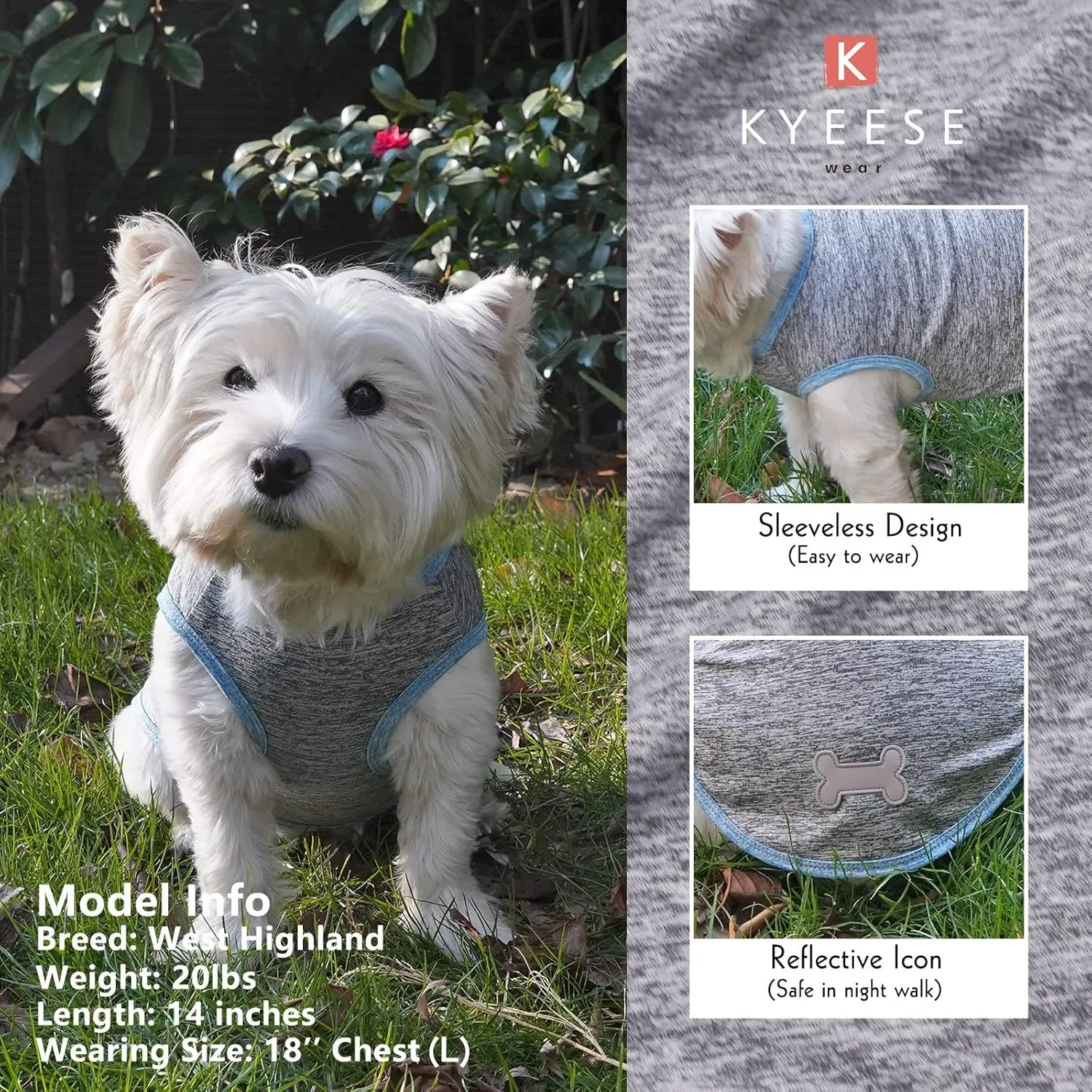 KYEESE 2 Pack Dog Shirts Quick Dry Soft Stretchy Pet T-Shirts with Reflective Label Tank Top Sleeveless Vest Sun Protection Dog Clothes for Small Dogs, Small, Light Blue Grey