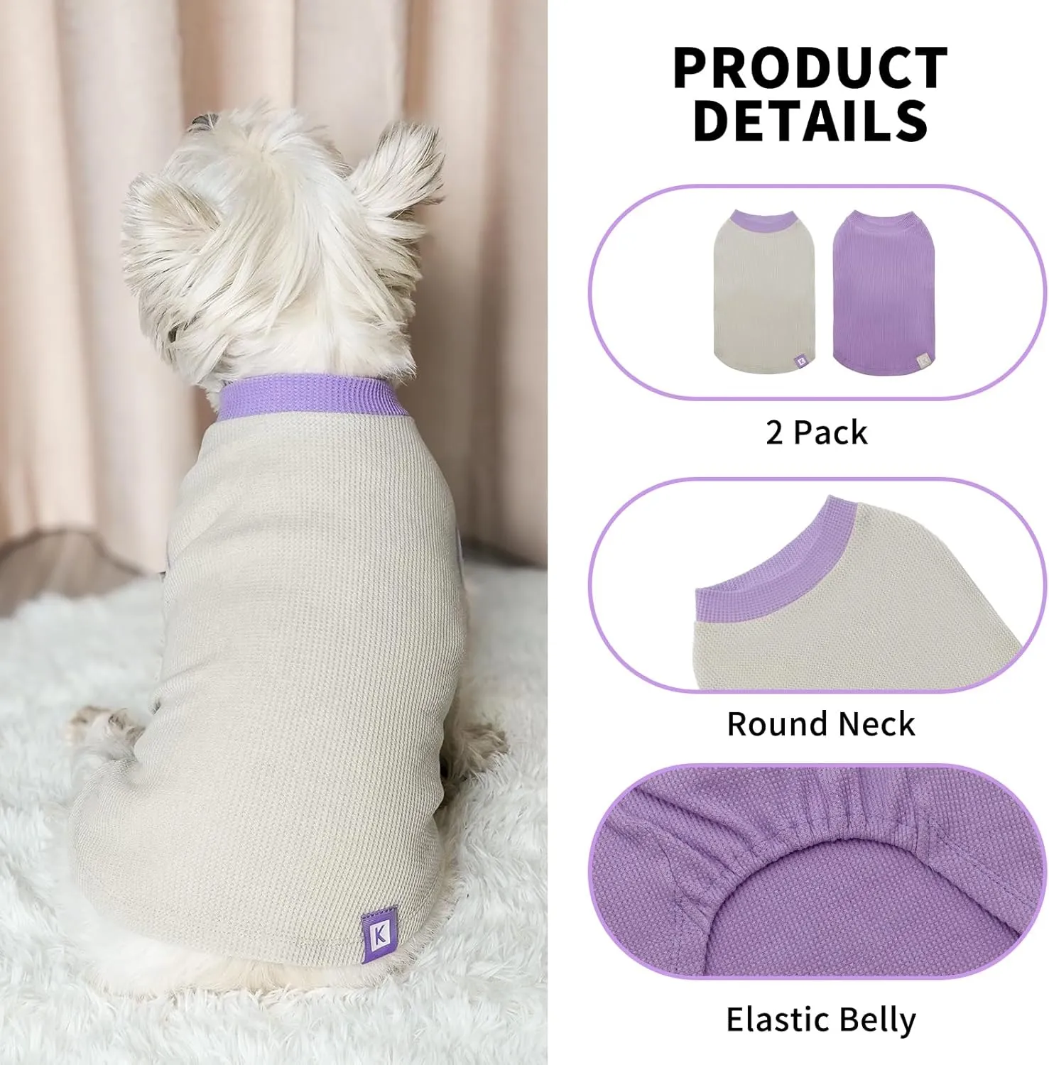 KYEESE 2Pack Dog Shirts Waffle for Small Dogs Stretchy Dog T-Shirts Lightweight Dogs Tank Top Sleeveless Pet Vest Breathable, X-Large, Purple Grey