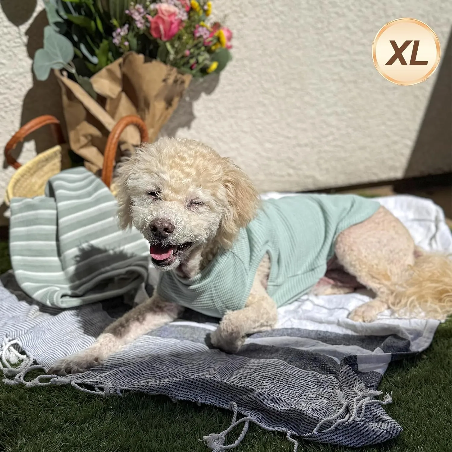 KYEESE 2Pack Waffle Dog Shirts for Small Dogs Stretchy T-Shirts Lightweight Tank Top Sleeveless Striped Vest Breathable Pet Tee, X-Large, Green Striped