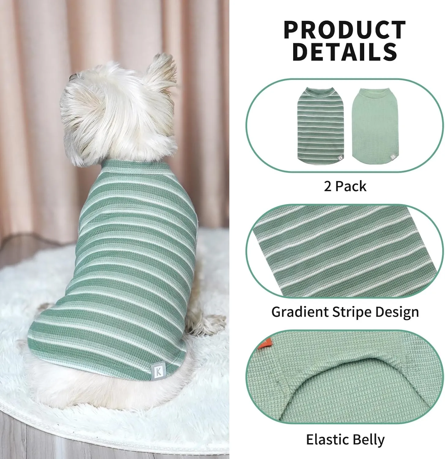 KYEESE 2Pack Waffle Dog Shirts for Small Dogs Stretchy T-Shirts Lightweight Tank Top Sleeveless Striped Vest Breathable Pet Tee, X-Large, Green Striped
