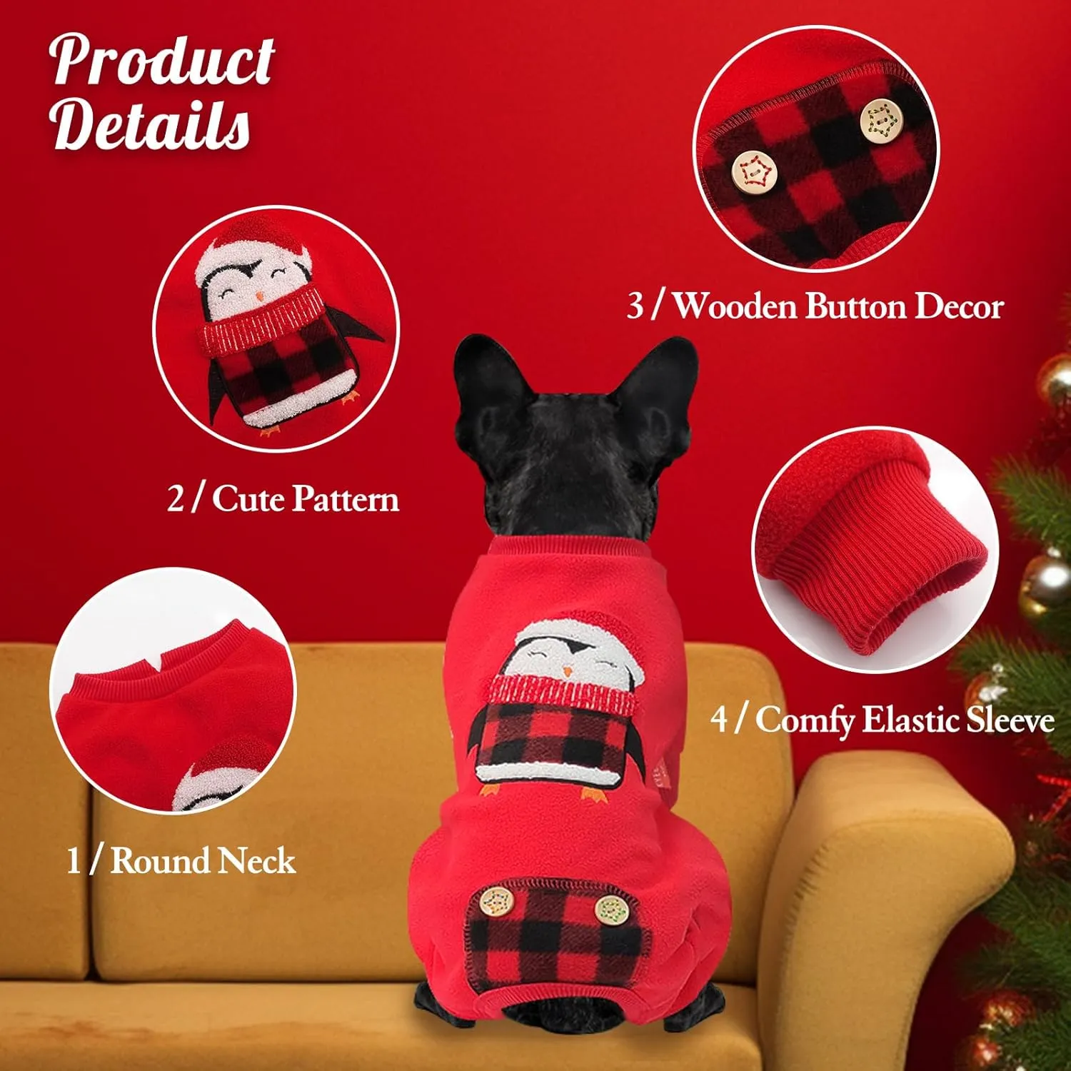 KYEESE Christmas Dog Pajamas Penguin for Small Dogs Plaid Dog Pjs Holiday Cat Pajamas Jammies