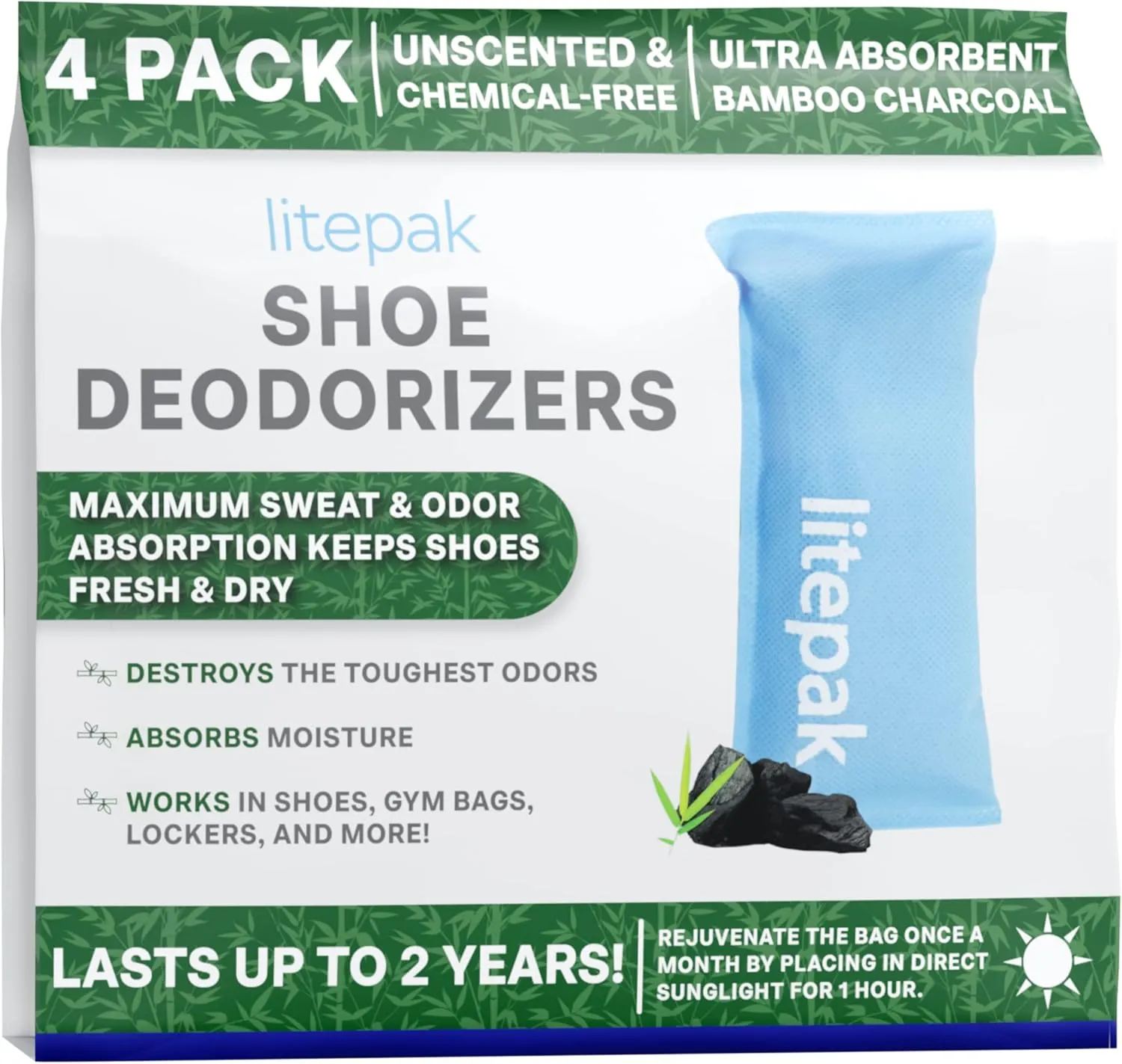 Litepak Shoe Deodorizer and Odor Eliminator Activated Charcoal Odor Absorber for Shoes and Gym Bags, Natural Bamboo Air Freshener for Boots, Closet Or Car (4 Pack)