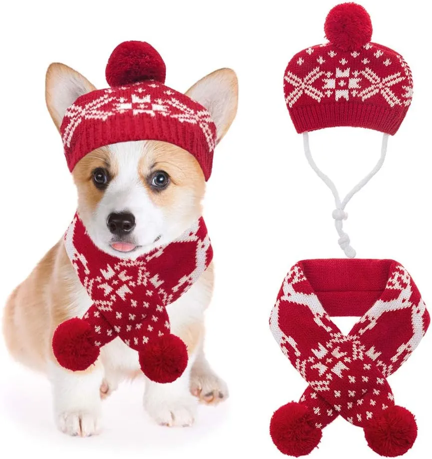 Mihachi Dog Costumes Hat Scarf Set Knit Snowflake Reindeer Print 2 Pcs Winter Warm Clothes for Small Dogs Cats Red White