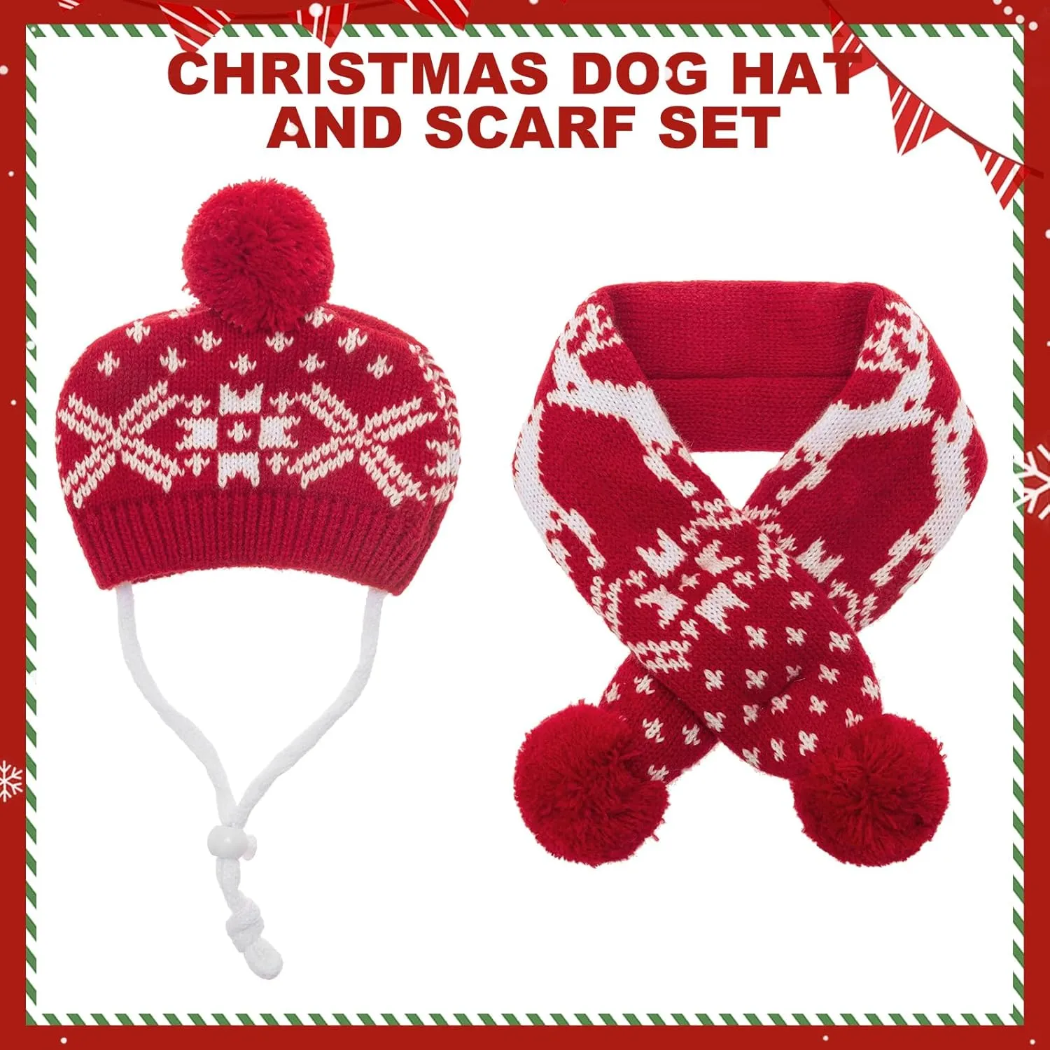Mihachi Dog Costumes Hat Scarf Set Knit Snowflake Reindeer Print 2 Pcs Winter Warm Clothes for Small Dogs Cats Red White