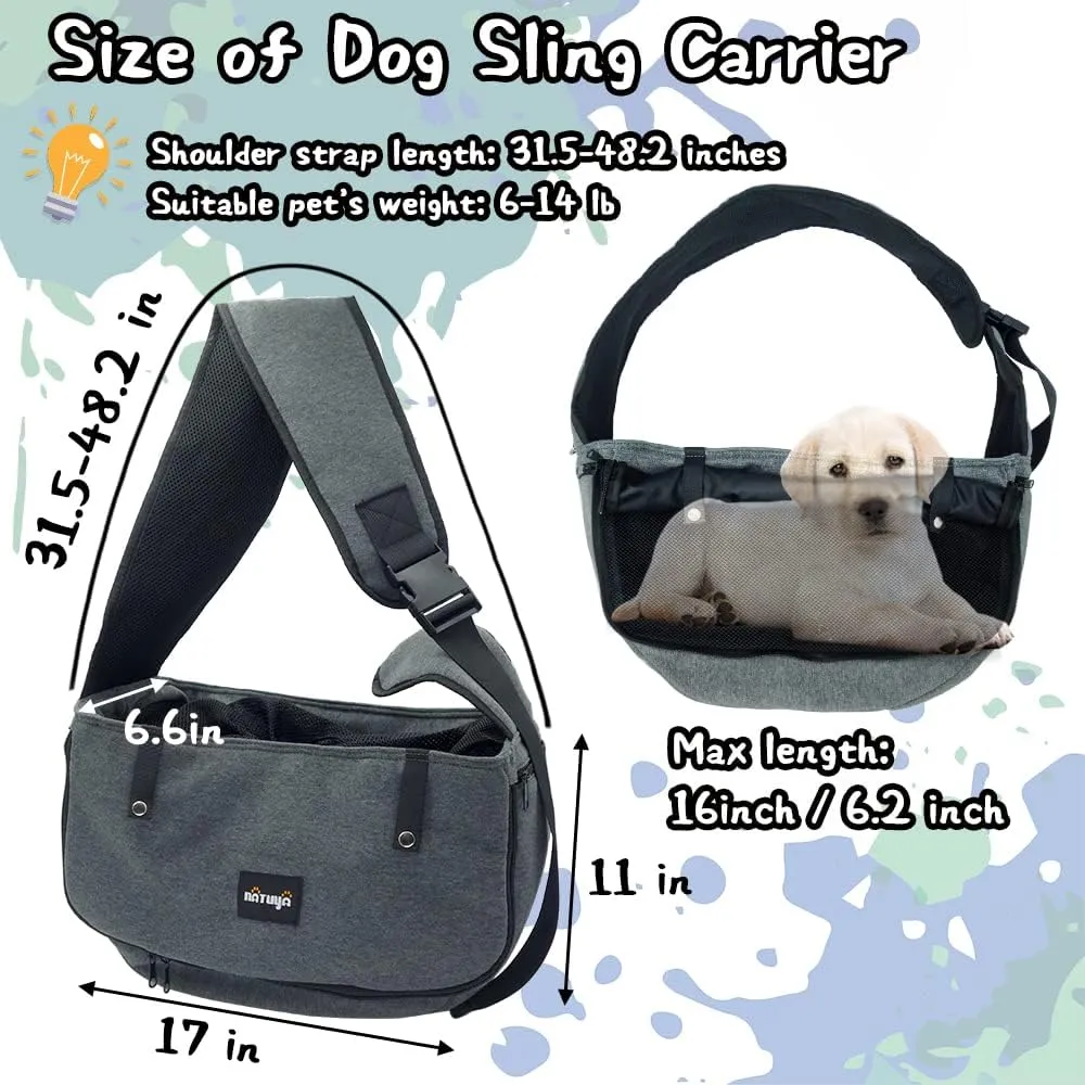 NATUYA Dog Sling Carrier Puppy Carrier Openable Breathable Mesh Hands-Free Small Dog Carry Travel Bag with Adjustable Padded Strap Pocket Large Space Pet Carrier for Outdoor Hiking (Dark Grey,8-15lb)