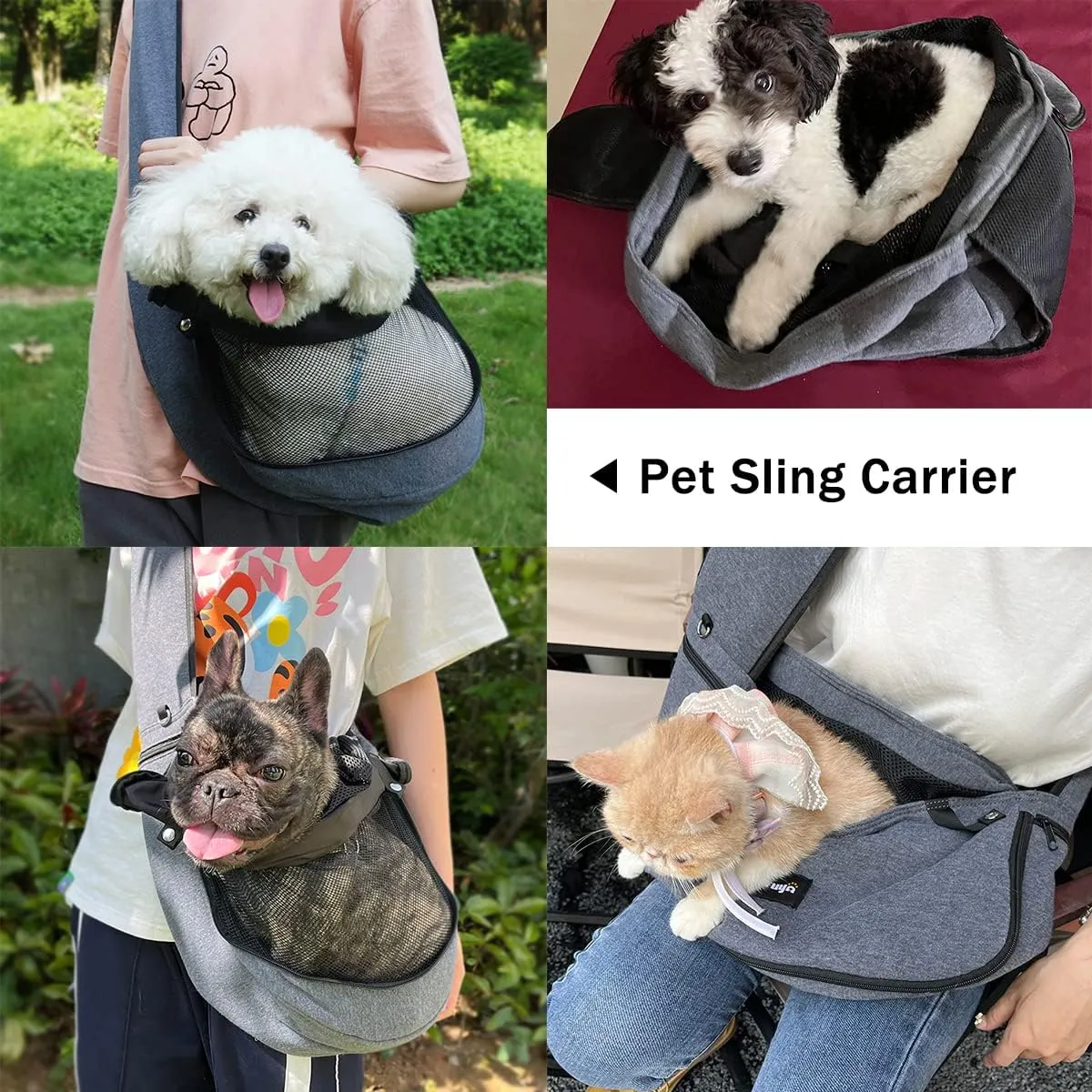 NATUYA Dog Sling Carrier Puppy Carrier Openable Breathable Mesh Hands-Free Small Dog Carry Travel Bag with Adjustable Padded Strap Pocket Large Space Pet Carrier for Outdoor Hiking (Dark Grey,8-15lb)