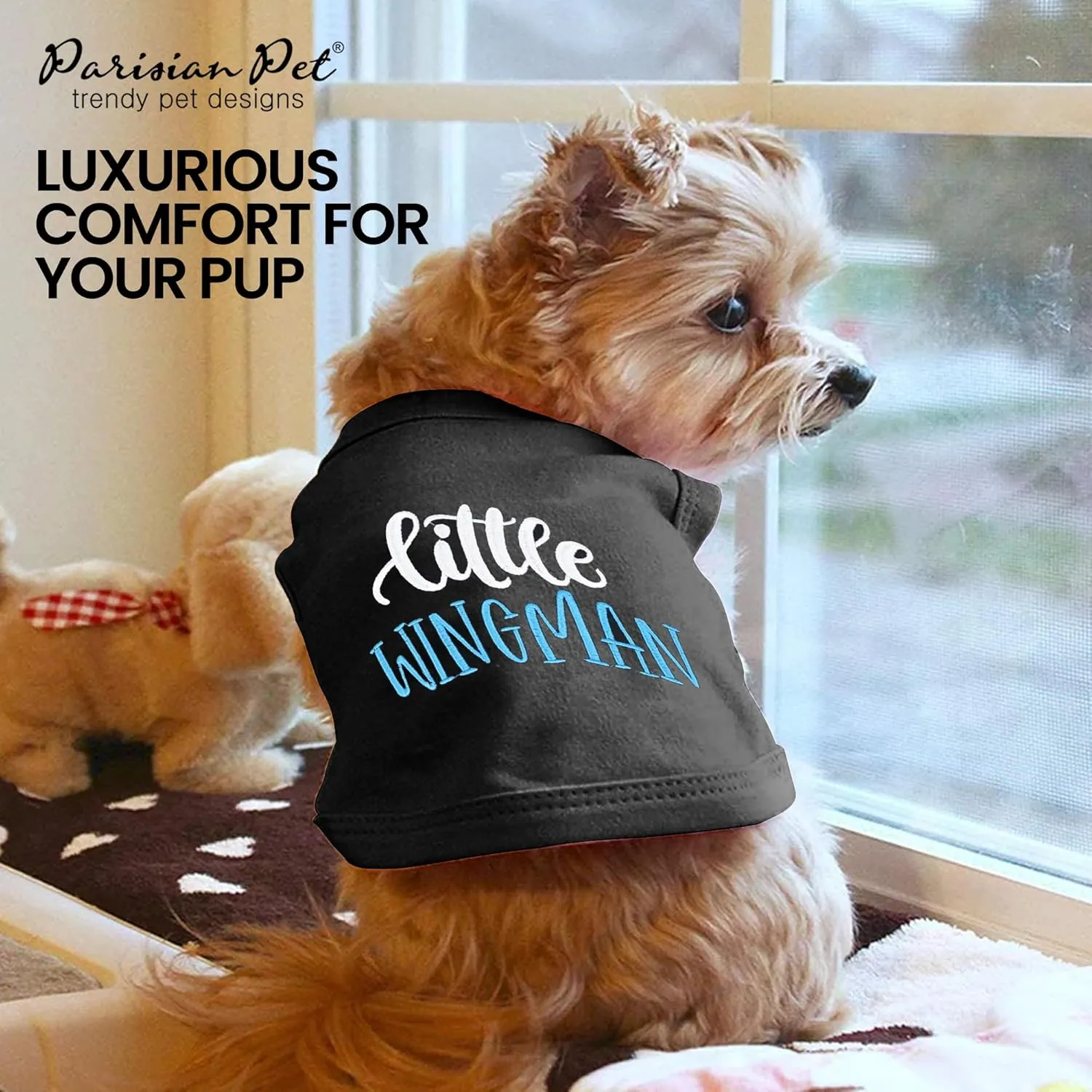 Parisian Pet Dog Tshirt - Embroidered  Little Wingman  Dog Shirt - Pure Cotton and Lightweight Dog Clothes - Sleeveless Black Dog Tee Shirts - Machine Washable Dog Shirts for Small Dogs - S