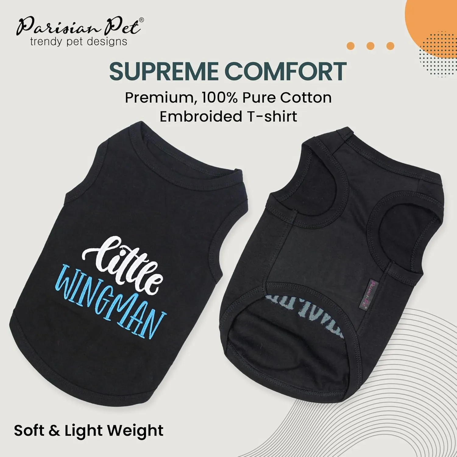 Parisian Pet Dog Tshirt - Embroidered  Little Wingman  Dog Shirt - Pure Cotton and Lightweight Dog Clothes - Sleeveless Black Dog Tee Shirts - Machine Washable Dog Shirts for Small Dogs - S