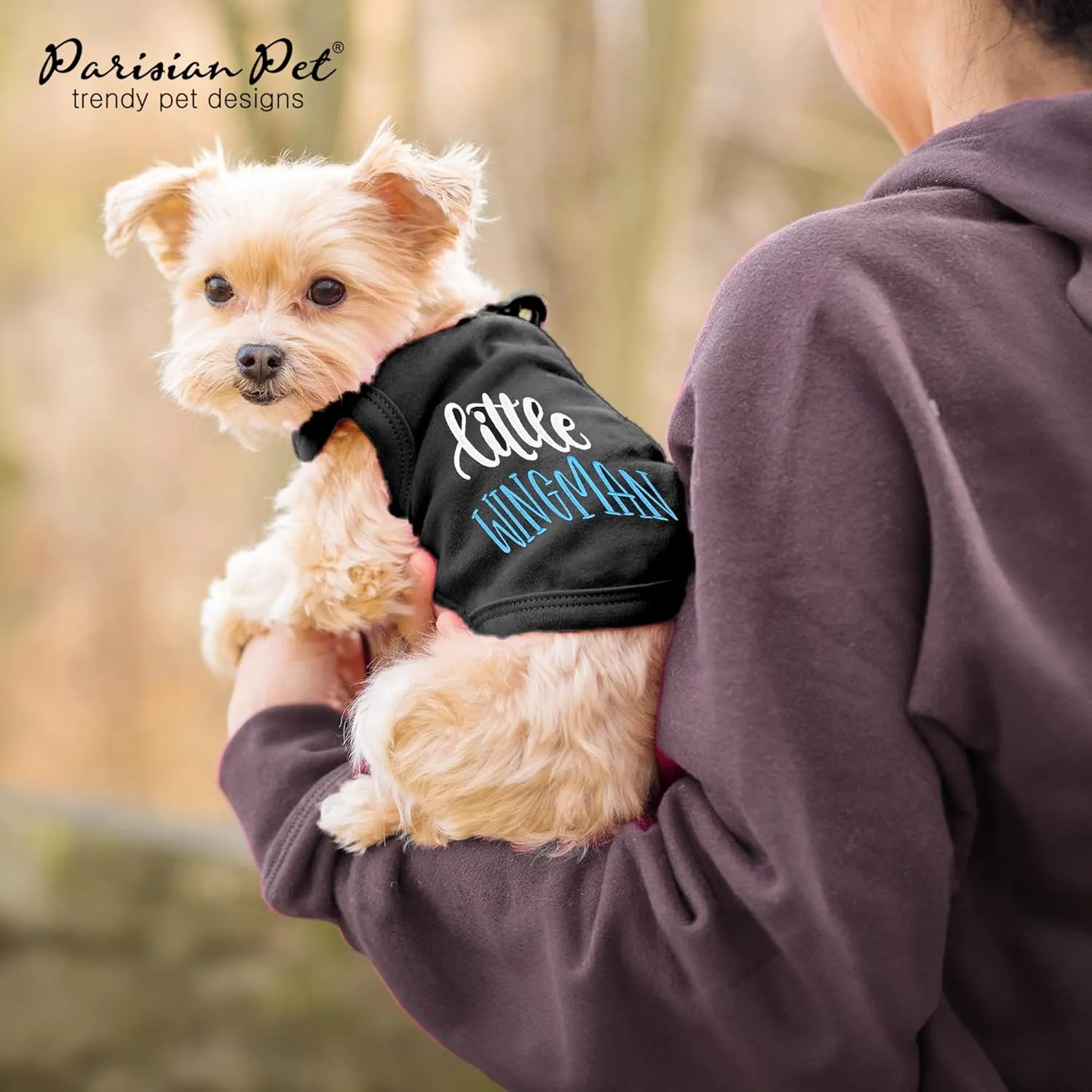 Parisian Pet Dog Tshirt - Embroidered  Little Wingman  Dog Shirt - Pure Cotton and Lightweight Dog Clothes - Sleeveless Black Dog Tee Shirts - Machine Washable Dog Shirts for Small Dogs - S
