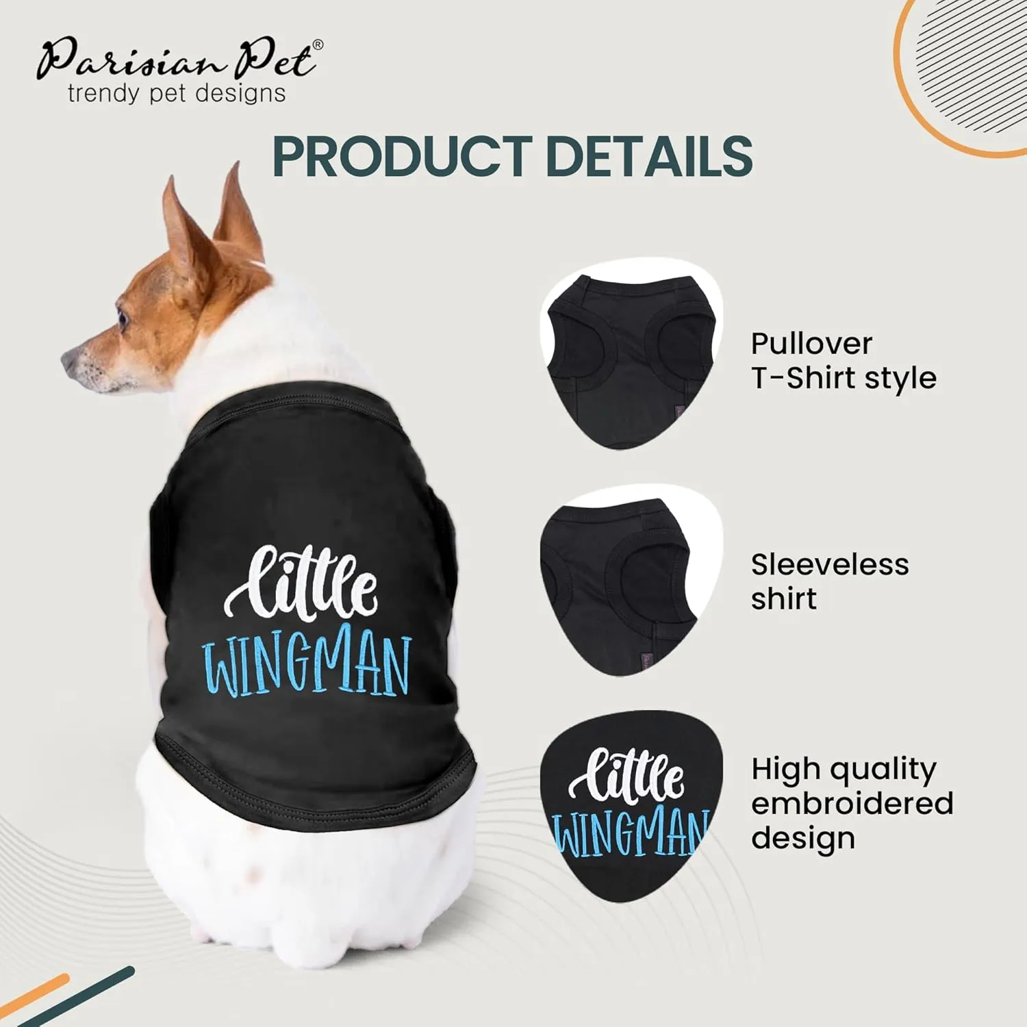 Parisian Pet Dog Tshirt - Embroidered  Little Wingman  Dog Shirt - Pure Cotton and Lightweight Dog Clothes - Sleeveless Black Dog Tee Shirts - Machine Washable Dog Shirts for Small Dogs - S