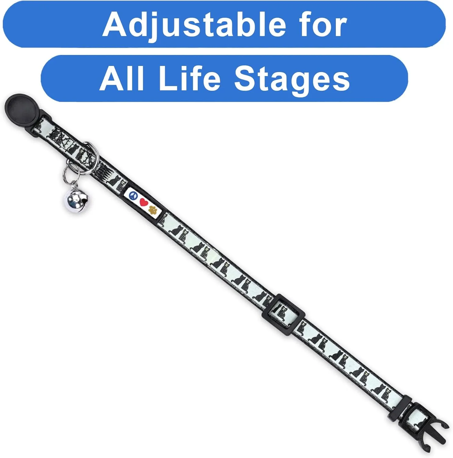 Pawtitas Halloween Cat Collars for Cats Adjustable Collar Glow in The Dark Feature and Safety Breakaway Buckle and Removable Bell to Match Your Halloween Cat's Costume - Black Cat Pattern