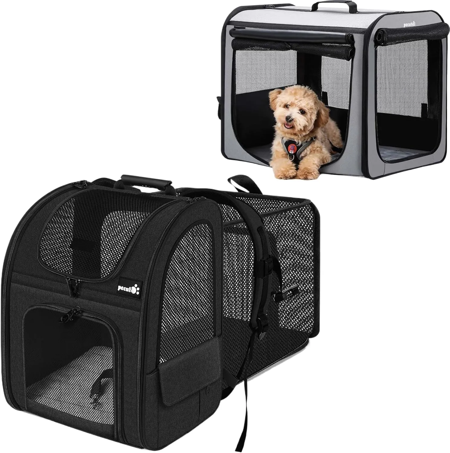 Pecute Cat Carrier Backpacks, Expandable Cat Backpack with Breathable Mesh, and Dog Car Carrier Stable and Light Weight, Dog Carrier for Car, Portable Dog Car Crate with Breathable Windows