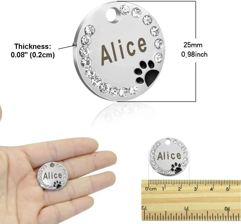 Personalized Dog/Cat Cute Paw Pet ID Tag for Pet Collar or Key Chain - Unique pet Name tag, cat Name tag, Laser Engraved cat ID tag, cat tag with Phone Number (White, Crystals Round-Small)