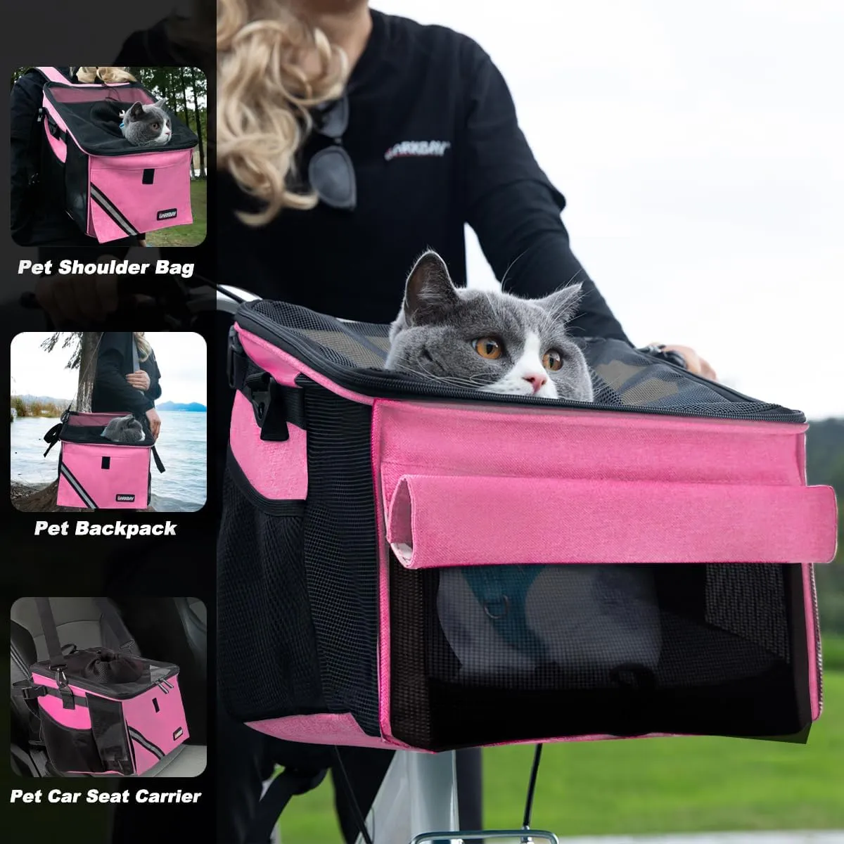 Pet Carrier Bicycle Basket Bag Pet Carrier/Booster Backpack for Dogs and Cats with Big Side Pockets,Comfy & Padded Shoulder Strap,Travel with Your Pet SafetyPink Carnation