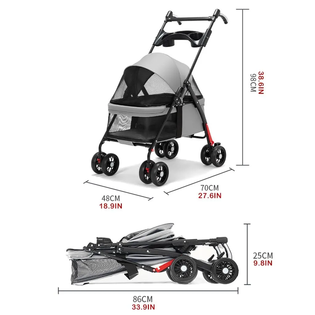 Pet Cat Dog Stroller Carriage with Cup Holder Tray, Travel Carrier Pet Dog Strollers for Small Dogs, Pet Stroller Pushchair Dog Cat Pram Foldable Cart, Adjustable Handle (Color : Black)