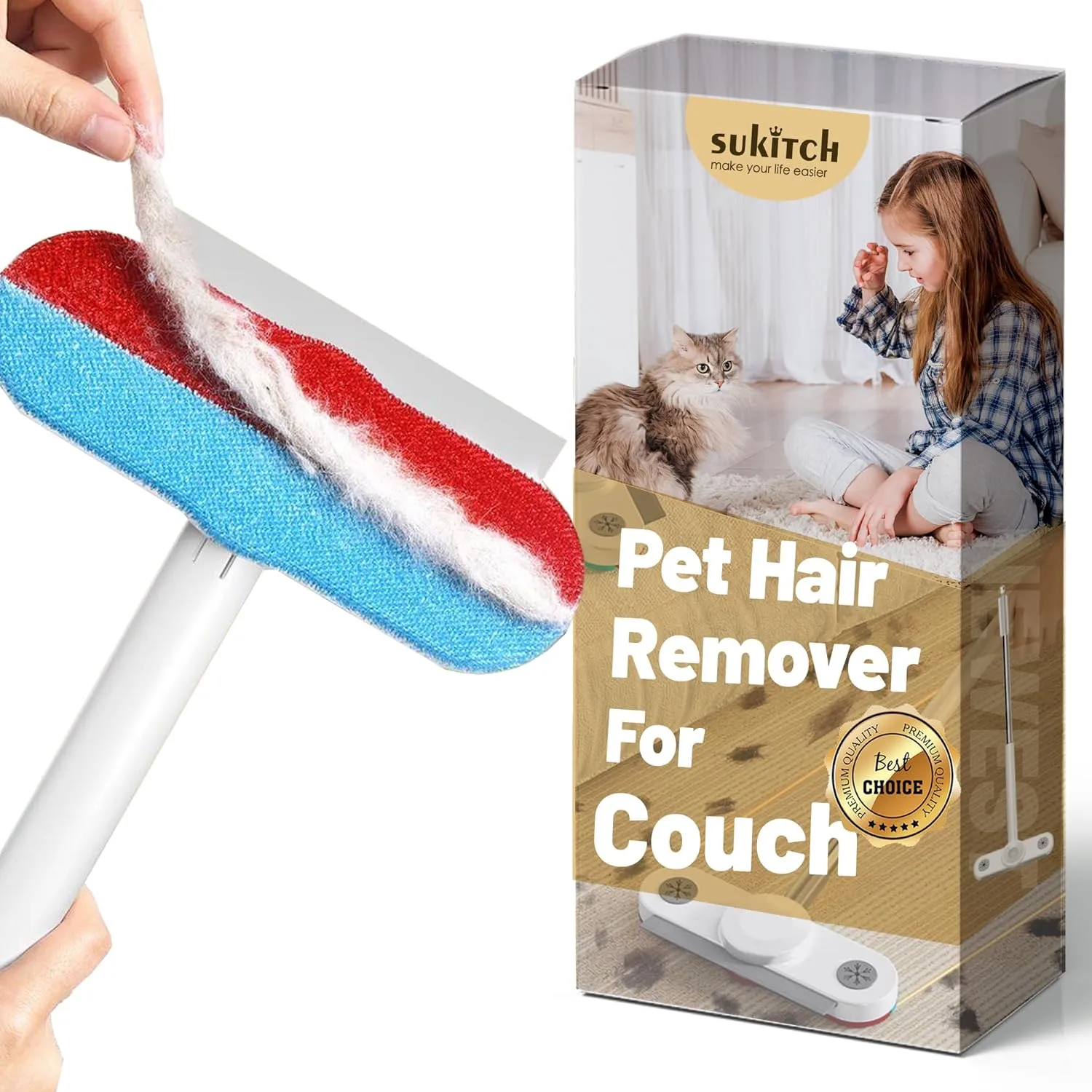 Pet Hair Remover Brush for Couch, Extra Long 27.6" Handle, Reusable Dog & Cat Hair Removal Tool for Couch, Carpet, Bedding - Professional Lint Cleaner