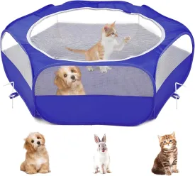 Pet Playpen, Waterproof Small Pet Cage with Zippered Cover, Portable Dog Fence with 3 Metal Rod for Puppy/Kitten, Indigo Pet Playpen, Waterproof Small Pet Cage with Zippered Cover, Portable Dog Fence with 3 Metal Rod for Puppy/Kitten, Indigo