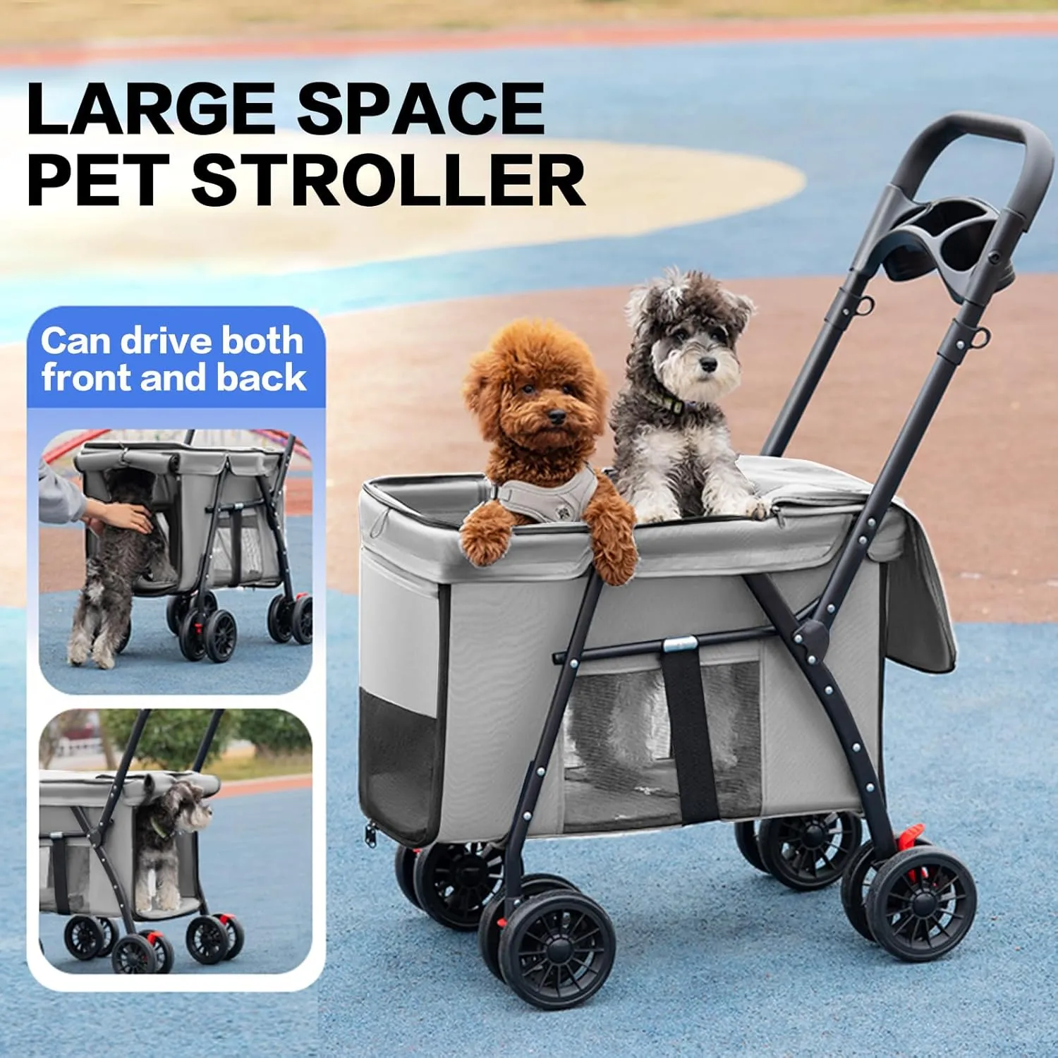 Pet Stroller Cat Dog Stroller Travel Folding Pet CarriersGray