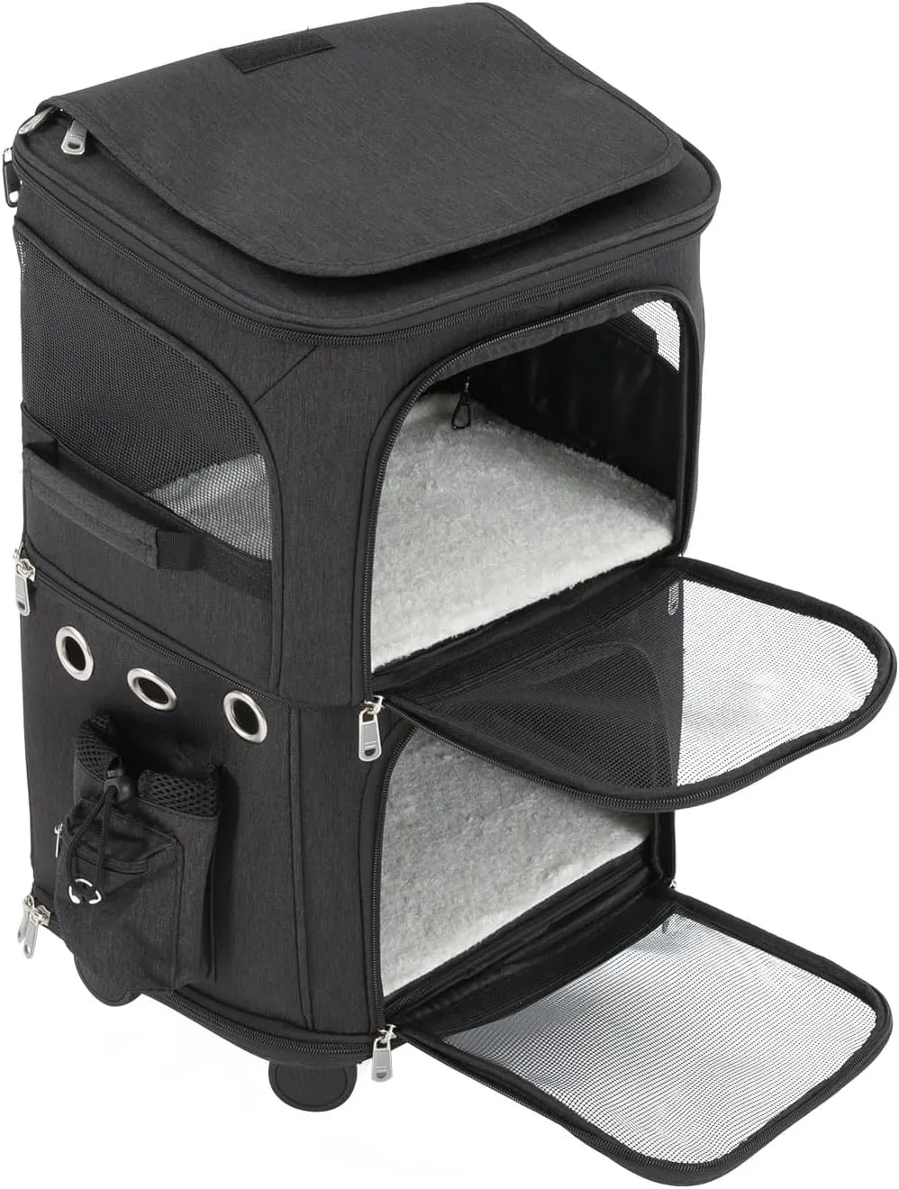 Rolling Pet Carrier for 2 Pets,Double-Compartment Pet Rolling Carrier with Wheels for 2 Pets,for Up to 22 LBS,Super Ventilated Design,Ideal for Traveling/Hiking/Camping (Black)