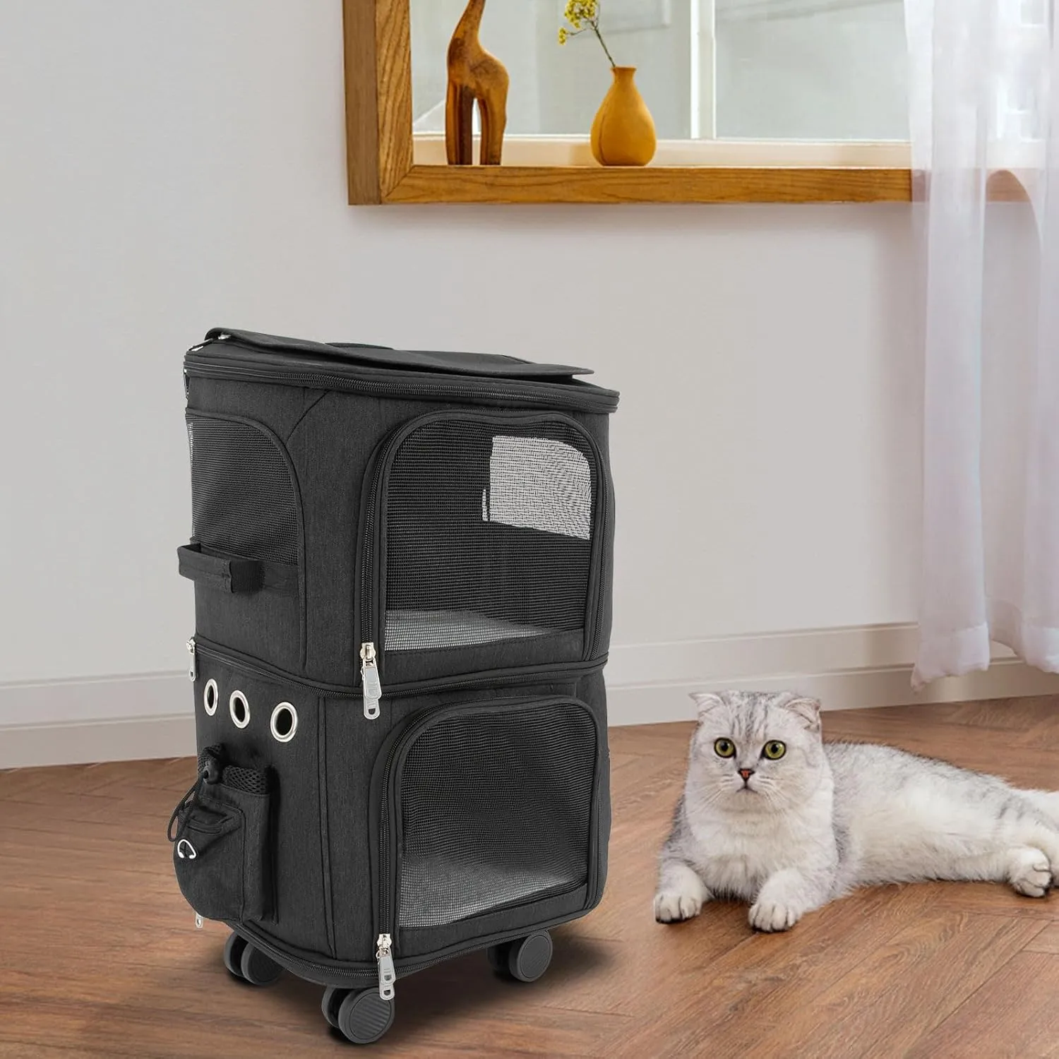 Rolling Pet Carrier for 2 Pets,Double-Compartment Pet Rolling Carrier with Wheels for 2 Pets,for Up to 22 LBS,Super Ventilated Design,Ideal for Traveling/Hiking/Camping (Black)
