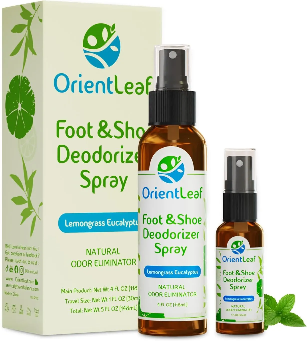 Shoe Deodorizer Spray 4 Fl Oz & Travel Size 1 Fl Oz, Shoe Spray for Smelly Shoes Eucalyptus Lemongrass