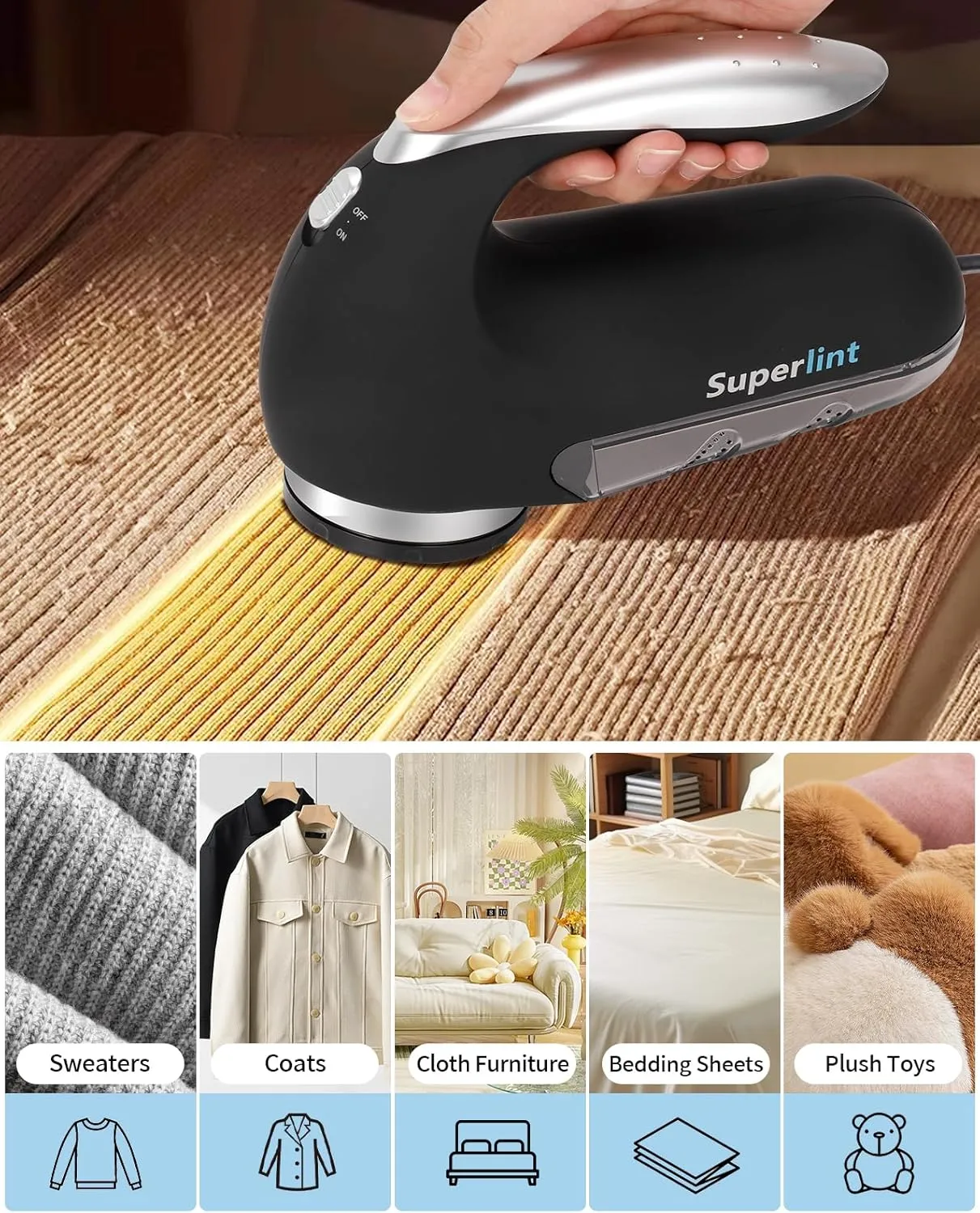 SUPER LINT Best Rated Electric Sweater Shaver Best Fuzz Pill Bobble Remover for Fabric Fleece Curtains Clothes, Black & Silver