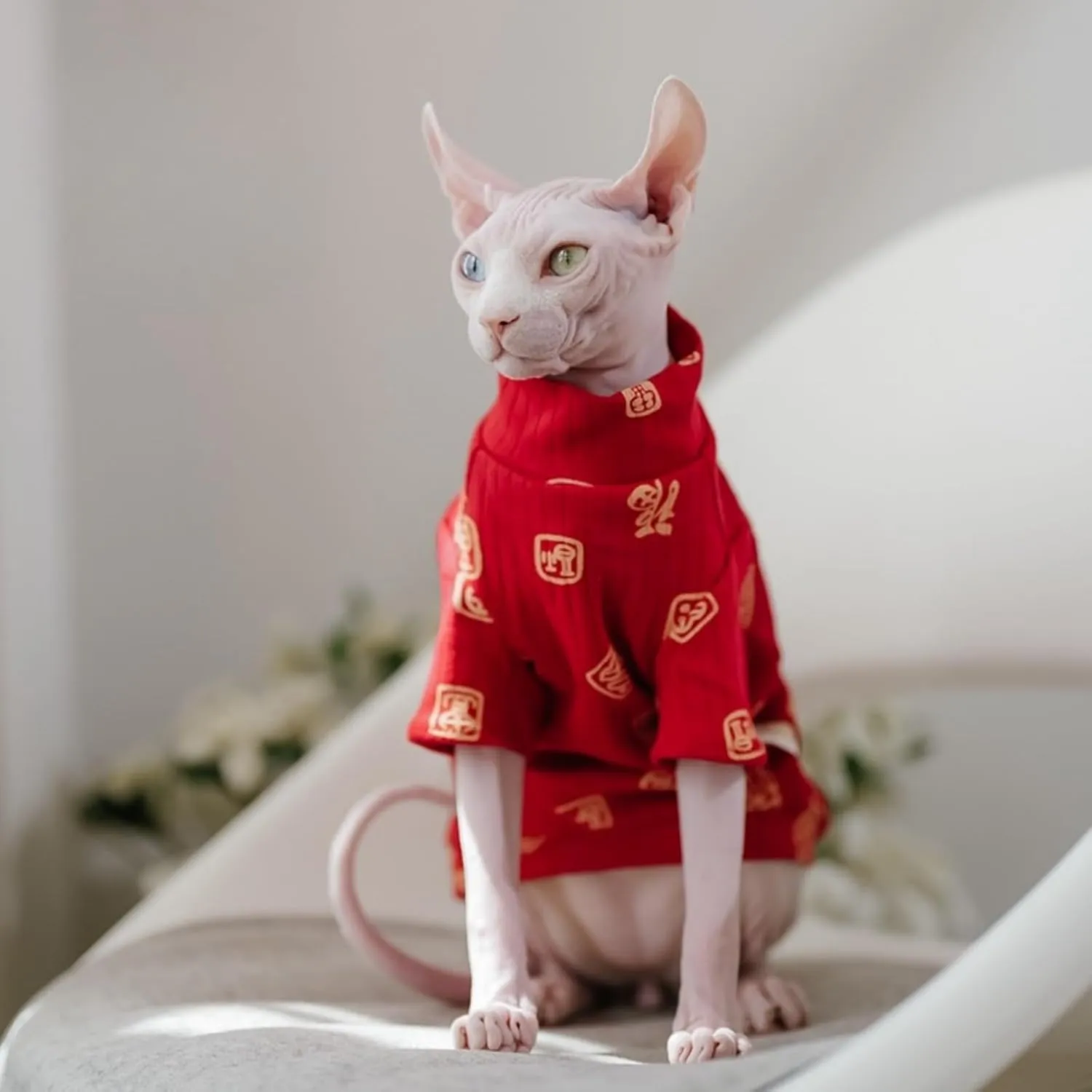 Traditional Culture Sphynx Hairless Cat Cotton T-Shirts Cat Clothes Pet Sweater Cat Vest Pet Clothes Kitten Shirts Cats & Small Dogs Apparel (Fu Means Lucky and Happy, S (3.3-5 lbs))