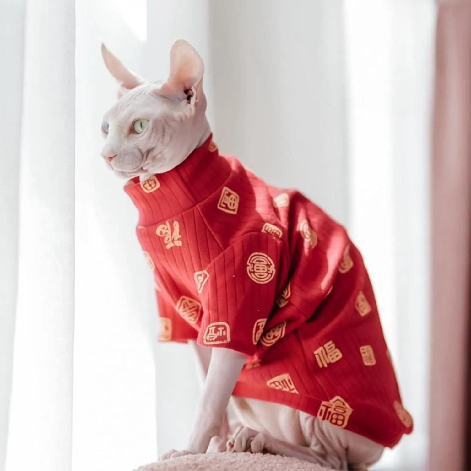 Traditional Culture Sphynx Hairless Cat Cotton T-Shirts Cat Clothes Pet Sweater Cat Vest Pet Clothes Kitten Shirts Cats & Small Dogs Apparel (Fu Means Lucky and Happy, S (3.3-5 lbs))