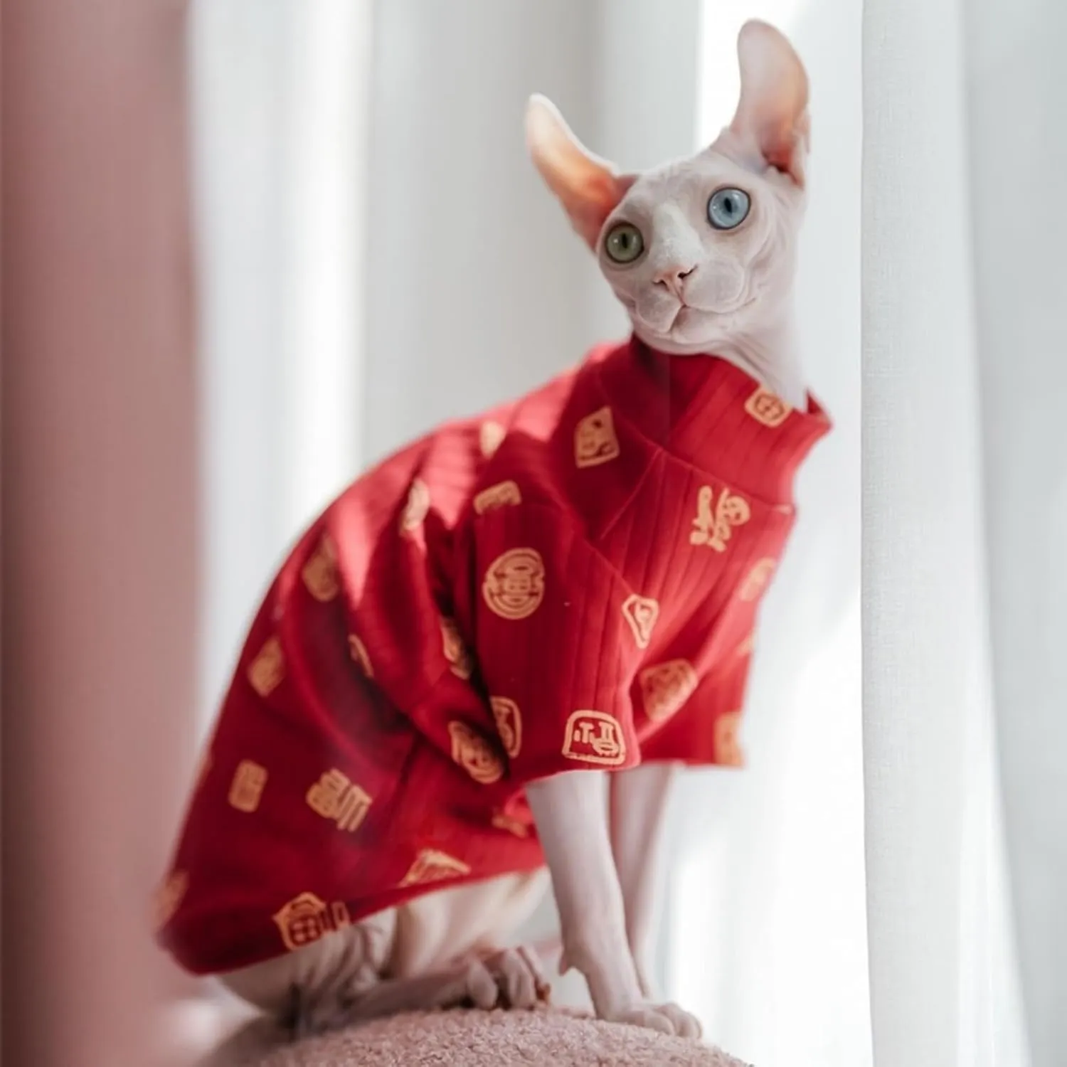 Traditional Culture Sphynx Hairless Cat Cotton T-Shirts Cat Clothes Pet Sweater Cat Vest Pet Clothes Kitten Shirts Cats & Small Dogs Apparel (Fu Means Lucky and Happy, S (3.3-5 lbs))