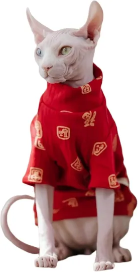 Traditional Culture Sphynx Hairless Cat Cotton T-Shirts Cat Clothes Pet Sweater Cat Vest Pet Clothes Kitten Shirts Cats & Small Dogs Apparel (Fu Means Lucky and Happy, S (3.3-5 lbs))