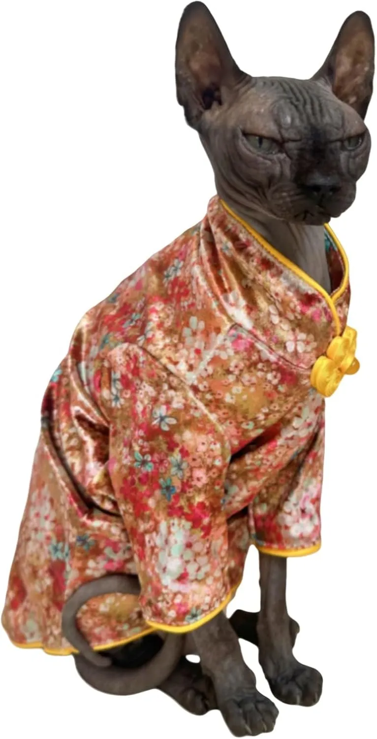 Traditional Culture Sphynx Hairless Cat Cotton T-Shirts Cats Clothes Pet Sweater Cat Vest Pet Clothes Kitten Shirts Small Dogs Apparel (Gypsophila, S (3.3-5 lbs))