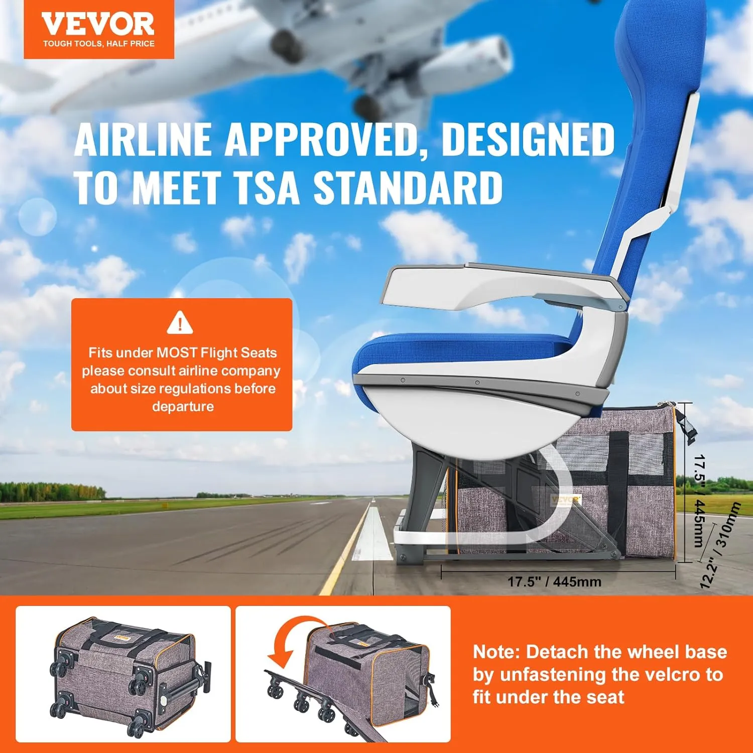 VEVOR Airline Approved Soft Rolling Pet Carrier with Telescope Handle and Upgraded Wheels - Holds up to 22 LBS