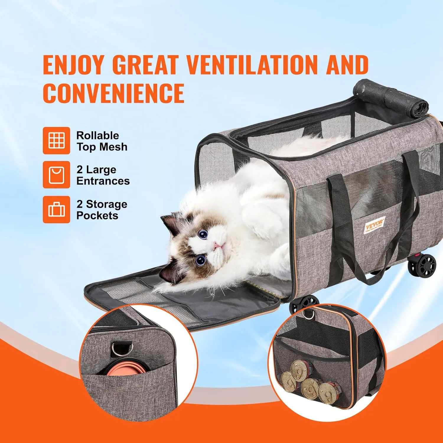 VEVOR Airline Approved Soft Rolling Pet Carrier with Telescope Handle and Upgraded Wheels - Holds up to 22 LBS