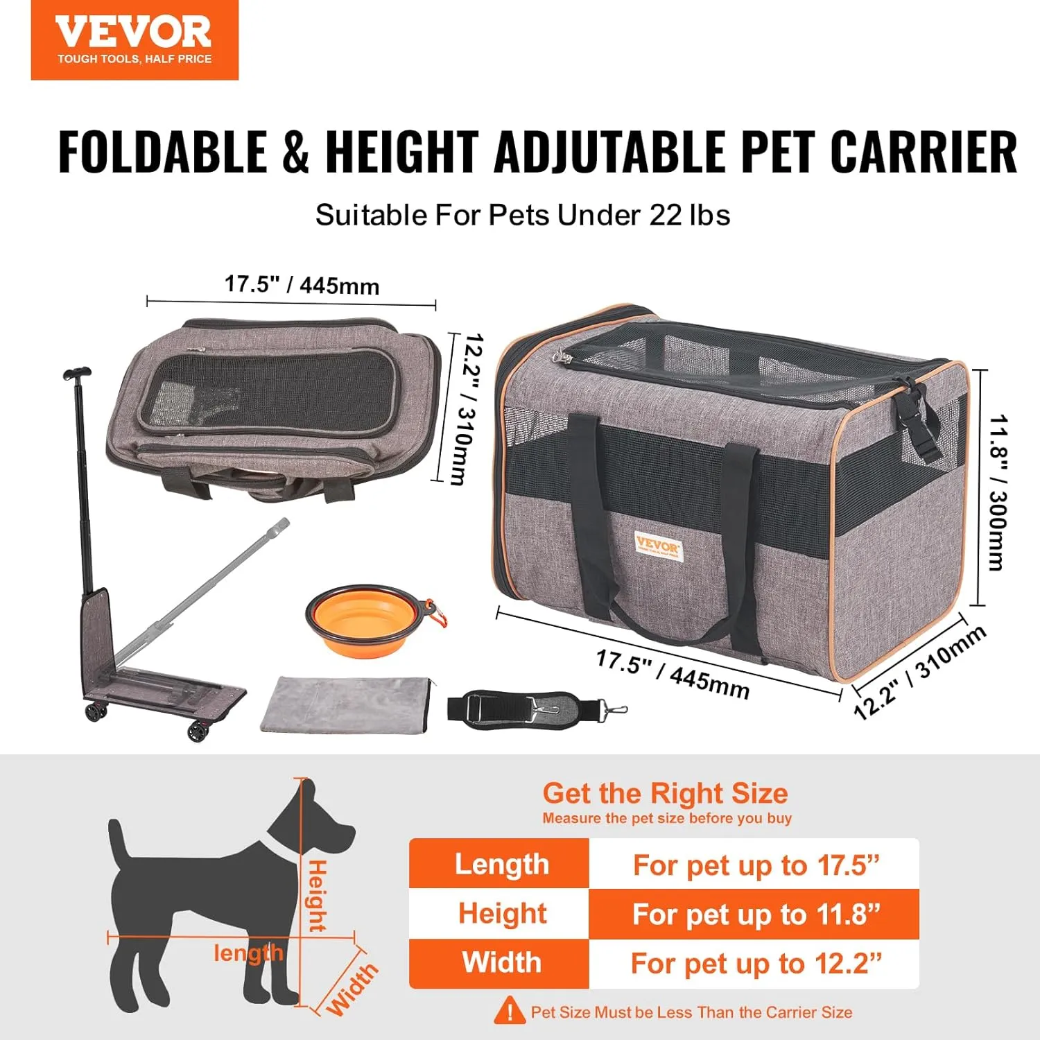 VEVOR Airline Approved Soft Rolling Pet Carrier with Telescope Handle and Upgraded Wheels - Holds up to 22 LBS