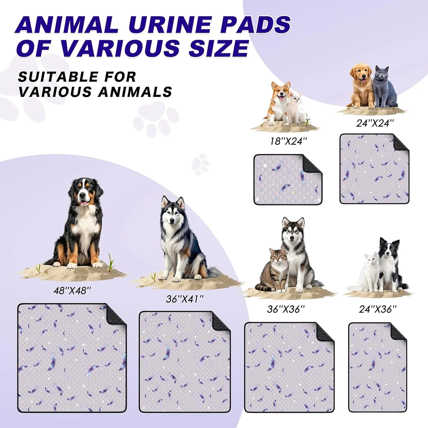 Washable Pee Pads for Dogs, 2Pack Reusable Puppy Pads, Super Absorbent & Leakproof Dog Pads, Anti-Slip Dog Pee Pads for Puppy Training & Incontinence, Feather Pattern 24"x36"